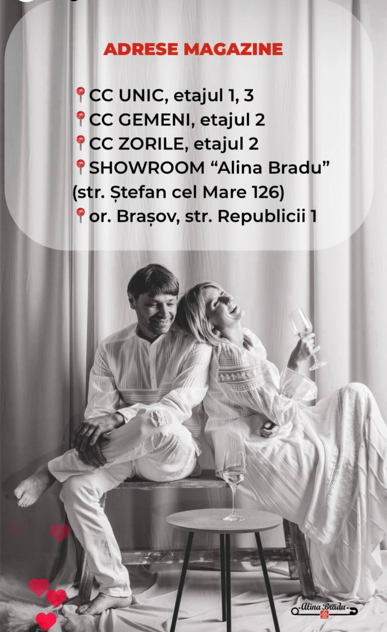 Adrese magazine Alina Bradu: CC UNIC etaj 1, CC GEMENI etaj 2, CC ZORILE etaj 2; showroom str. Ștefan cel Mare 126; Brașov, str. Republicii 1.